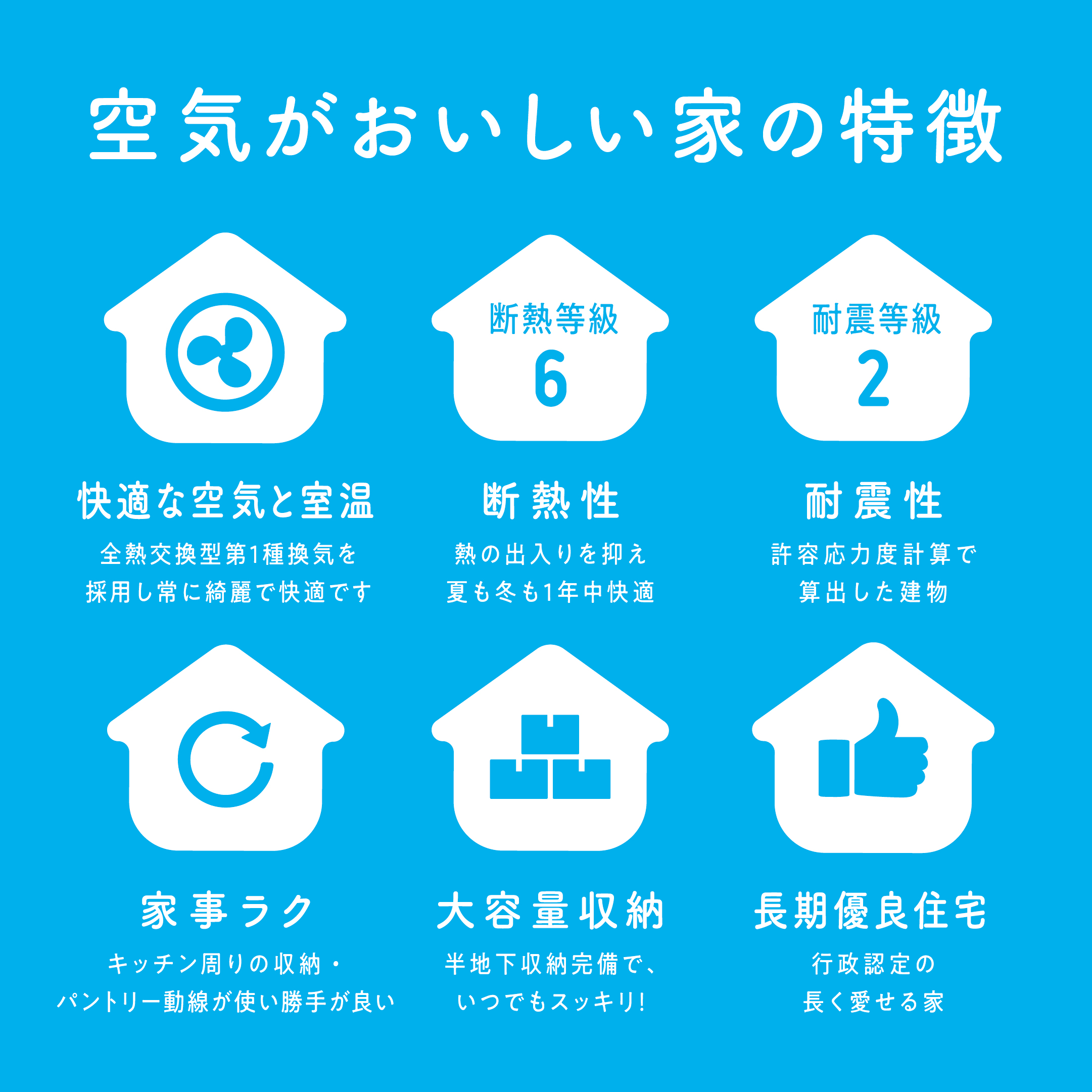 断熱等級6・耐震等級2など
機能性にも優れた住まい